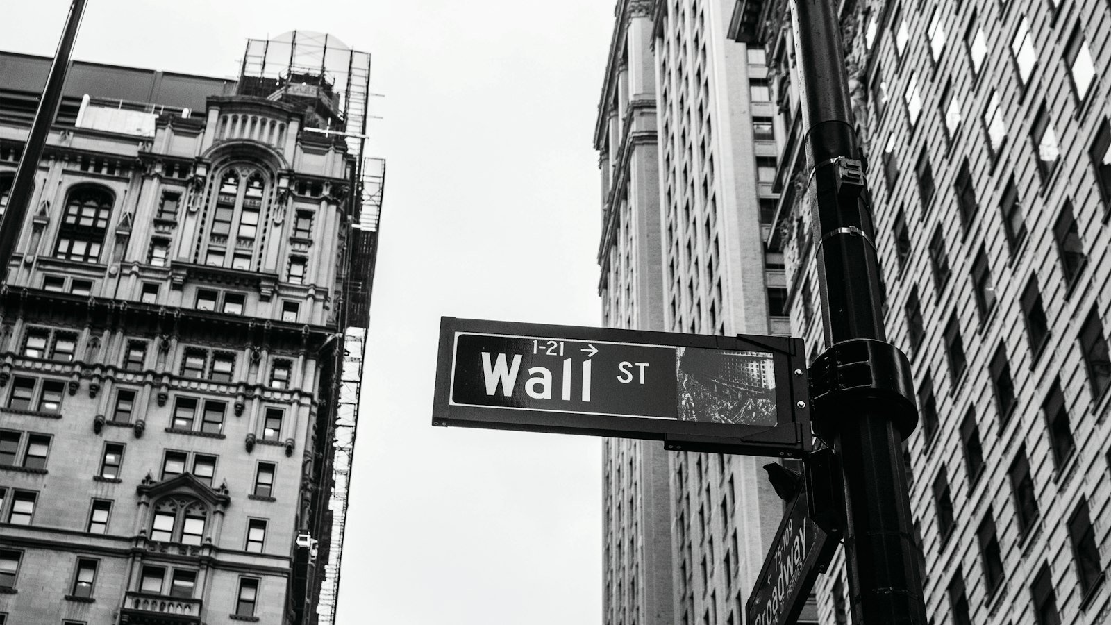 Monochrome Wall Street street sign in lower Manhattan, representing big bank earnings season