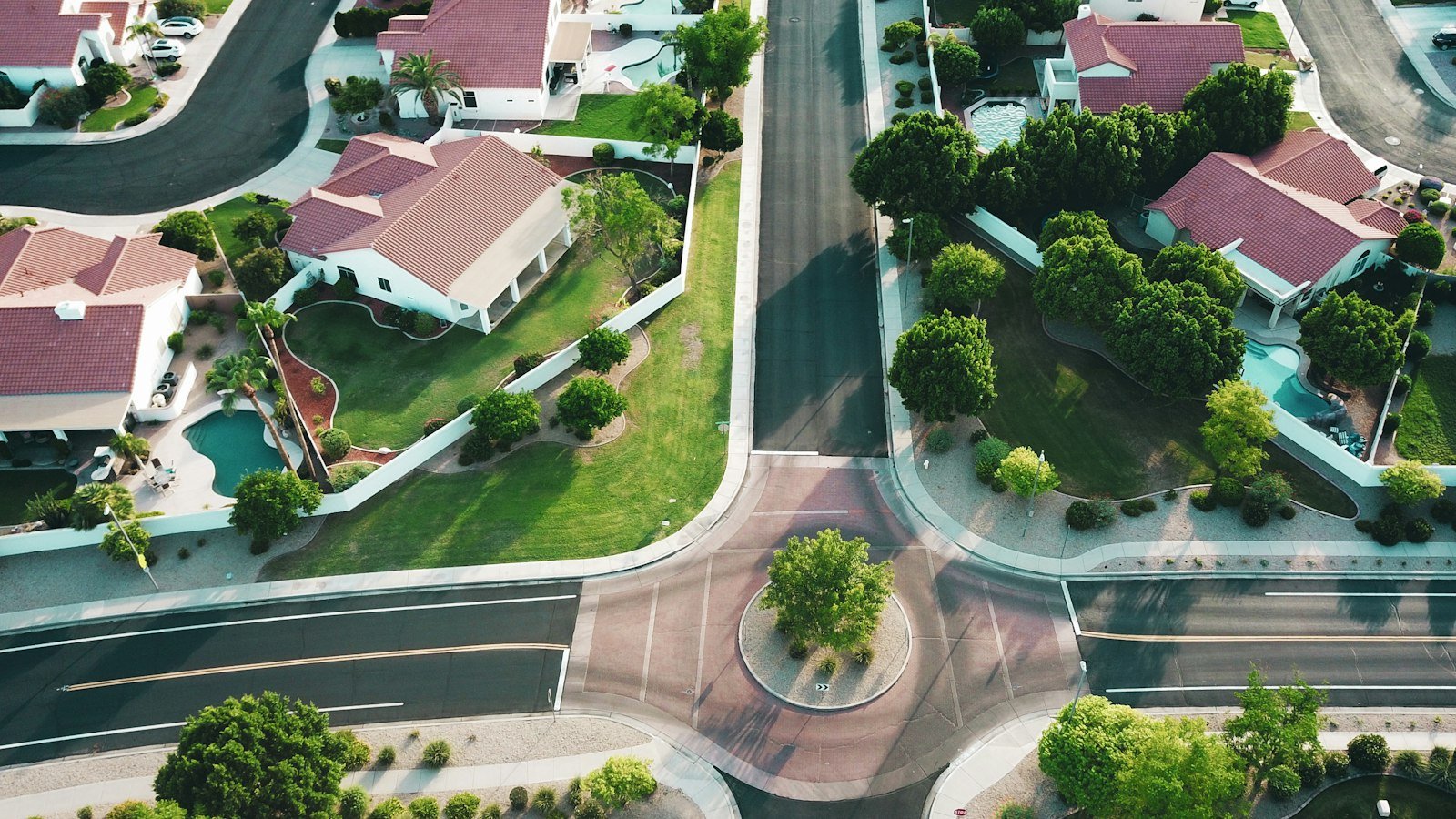 Aerial view of houses in a suburban neighborhood
