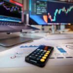 Smartphone and calculator on a desk with financial charts behind